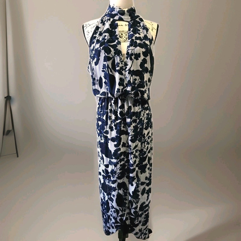 En Focus Studio Maxi Dress Women's Sz 14 Blue Gray Sleeveless Floral‎ Mock Neck - Picture 2 of 14